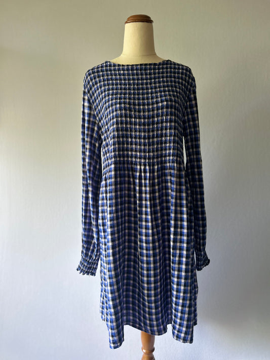 Blue Gingham Check Smocked Back Dress - Size L