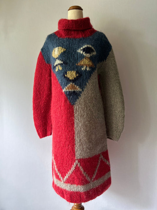 Artisanal Hand-Knit Geometric Wool Dress – Size L