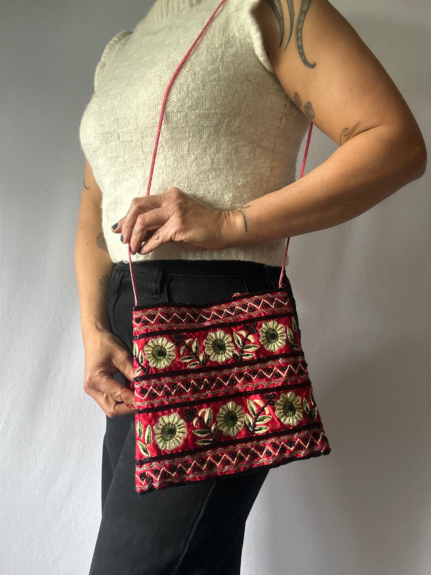 Embroidered Red Floral Tote Bag – Boho Chic Handmade Style