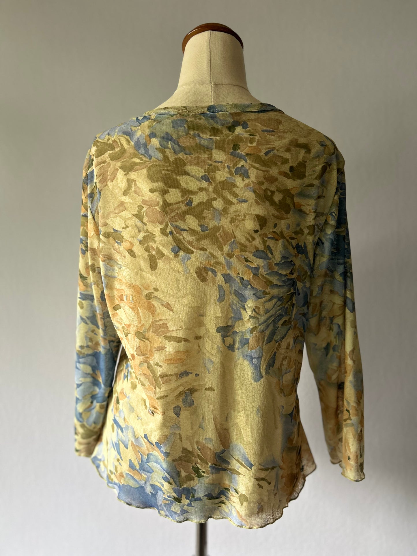Abstract Watercolor Sheer Mesh Long-Sleeve Top - Size M