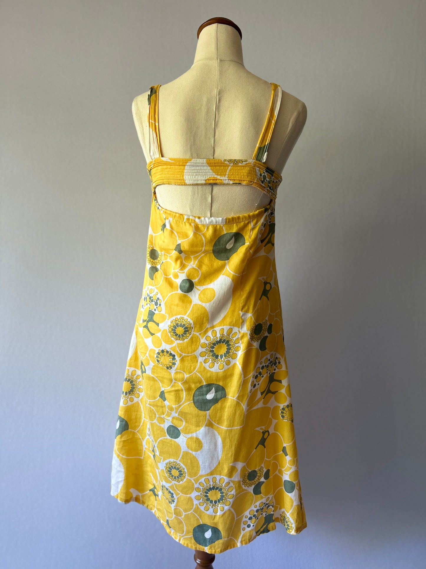 Size Small | Mod Yellow Floral Cotton Sundress | Button Front A-Line Dress