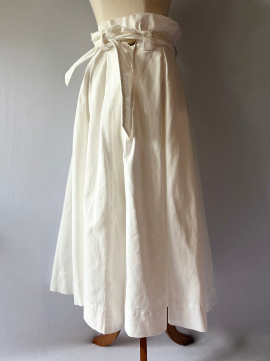 Cotton Paperbag High-Waisted Midi Skirt with Belt - White - Size 8
