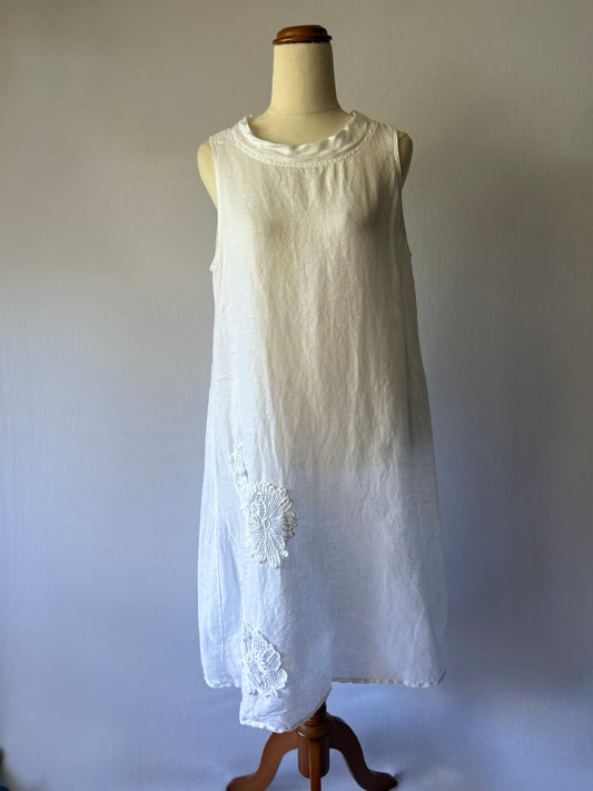 Romantic White Linen Midi Dress with Floral Appliqué - Size M