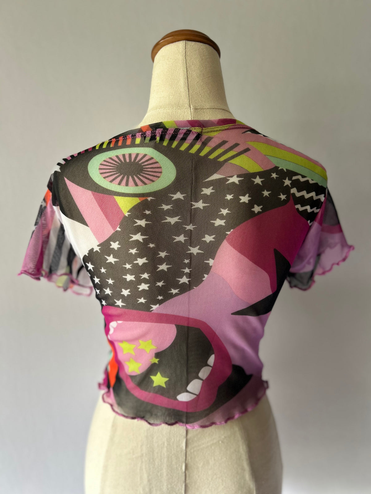 Graphic Print Mesh Crop Top – Size XS
