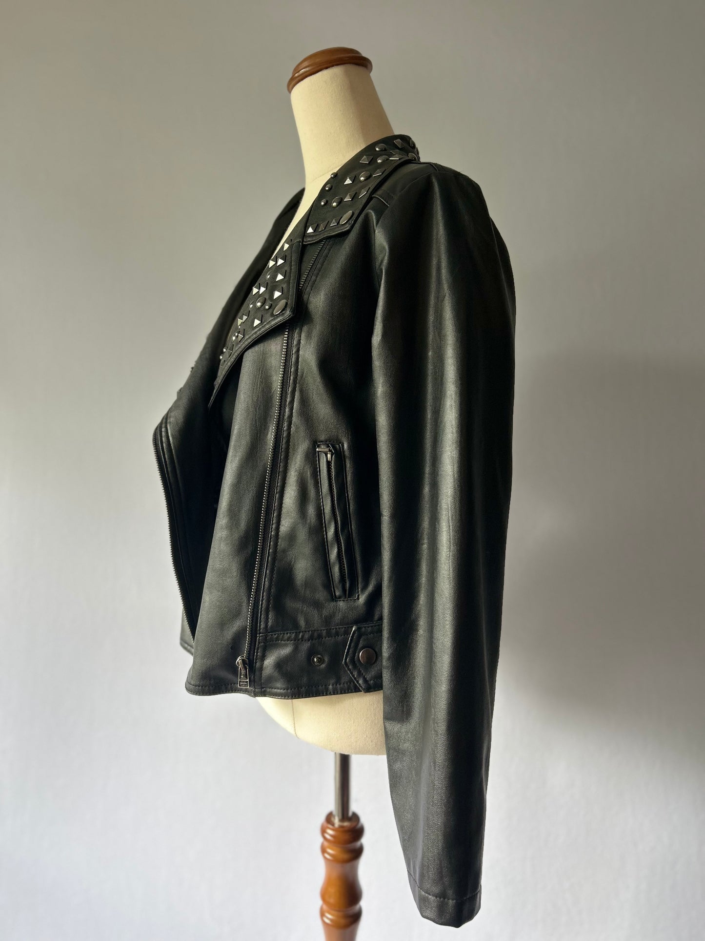 Studded Faux Leather Biker Jacket - Black - Size 12
