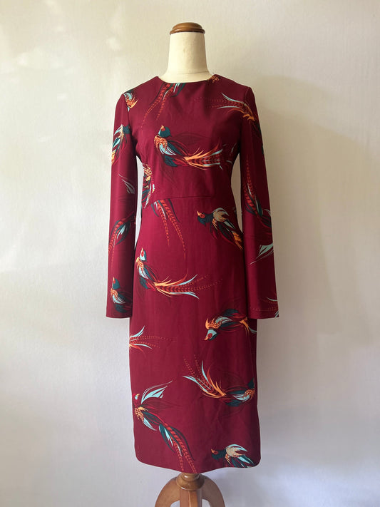 Illustrative Bird Print Long-Sleeve Midi Sheath Dress - Burgundy - Size 8 (Tag 42)