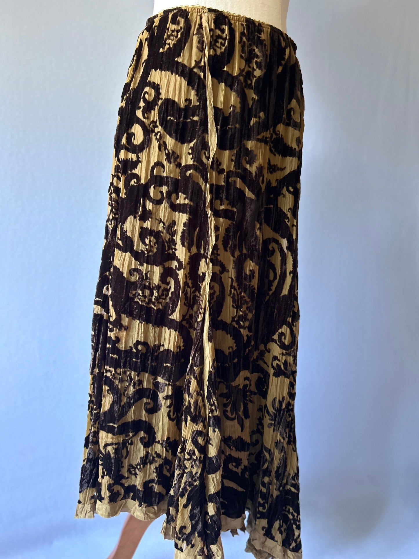 Verge Printed Plissé Maxi Skirt - Size 10 | Silk Trim & Velvet Devoré Detail