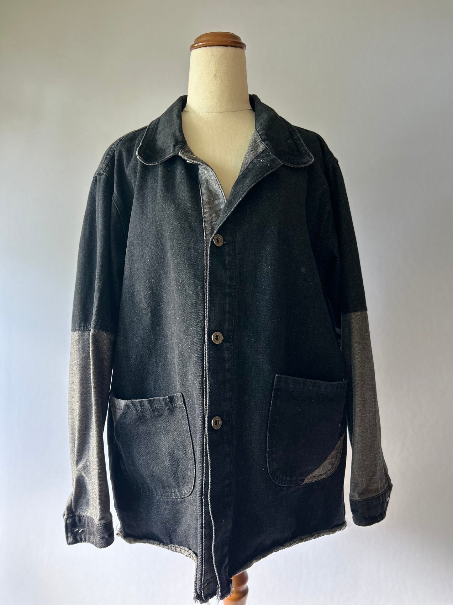 Two-Tone Panelled Denim Utility Overshirt - Black & Grey - Size XL