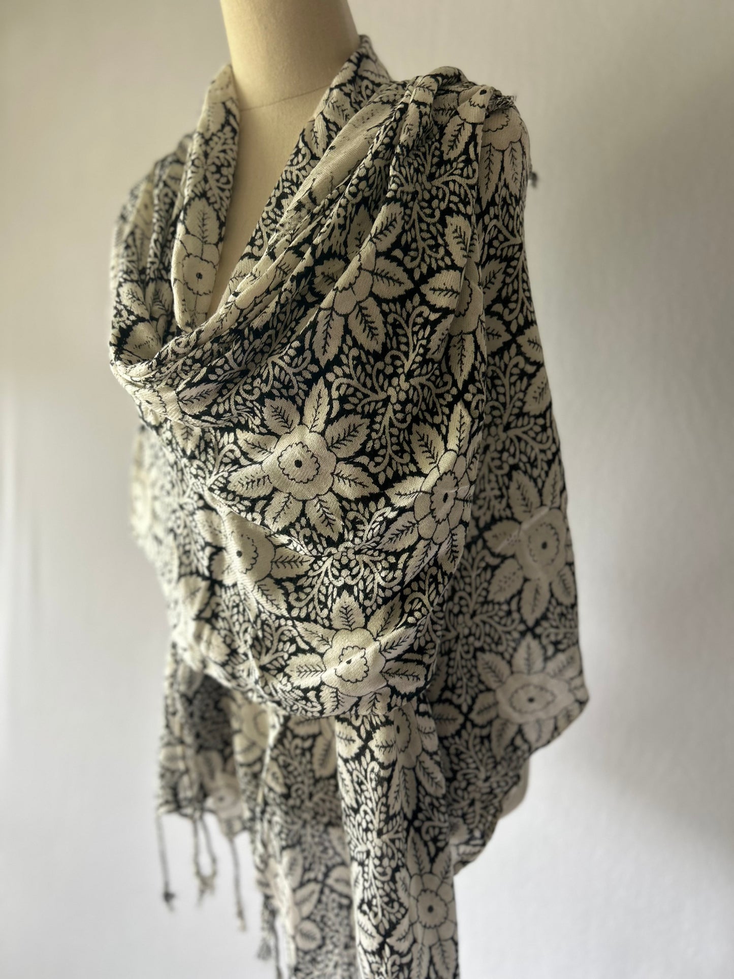Black & Cream Floral Viscose Scarf