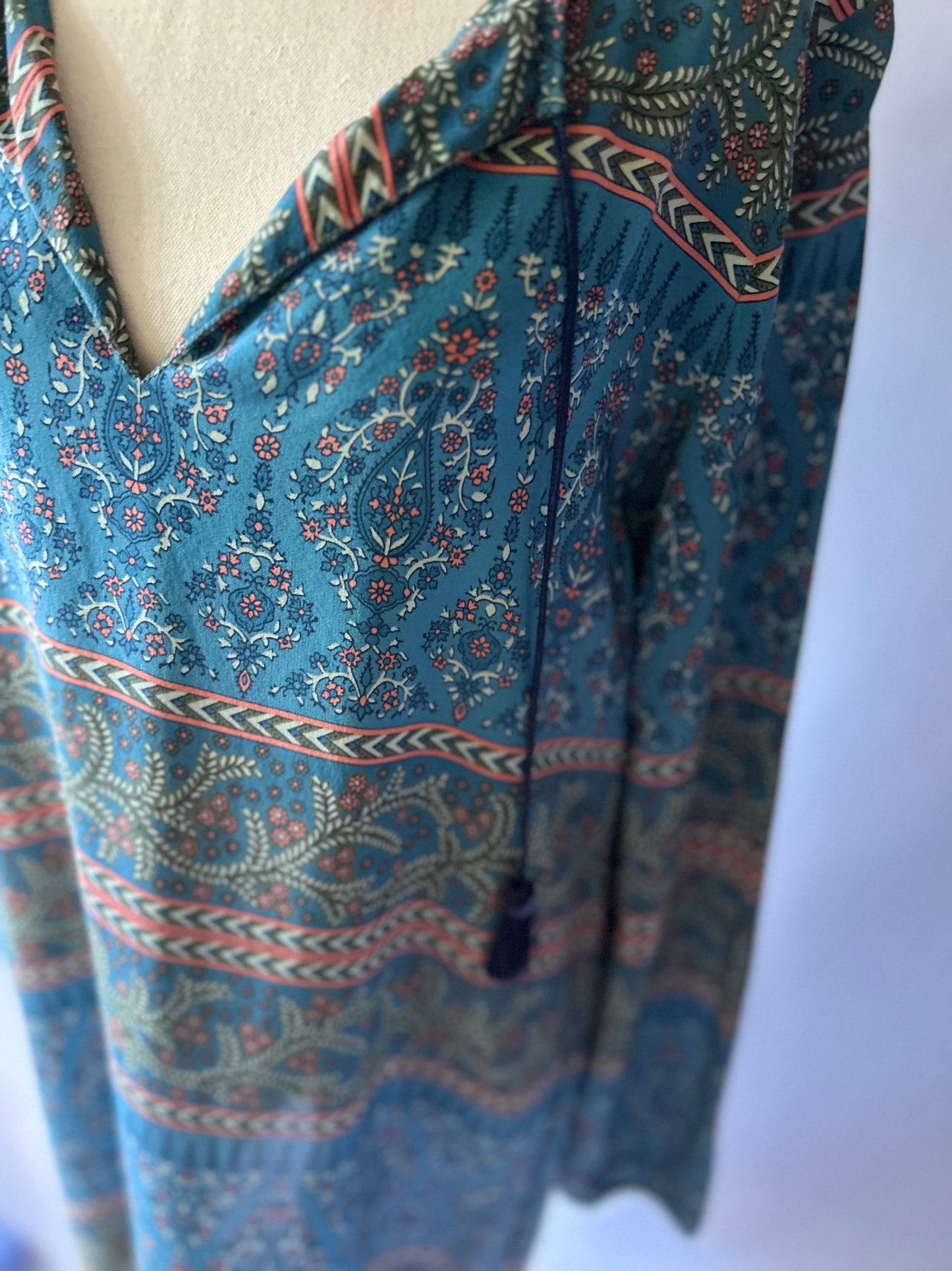 Bohemian Silk Tunic Dress – Blue Paisley Print, Size Small