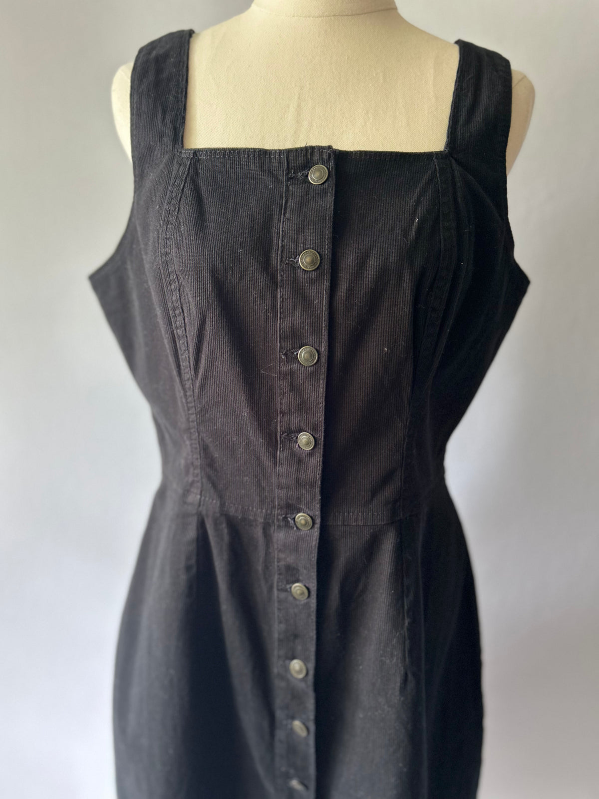 Black Cotton Stretch Button-Through Pinafore Dress - Size 12