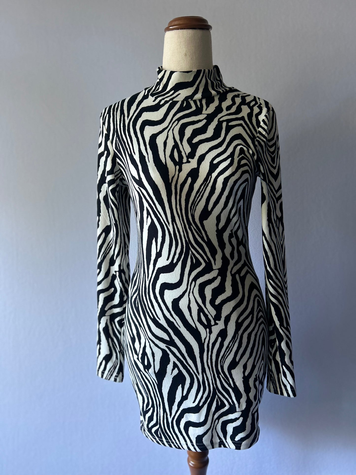 Monochrome Zebra Print Mock Neck Bodycon Mini Dress - Size M