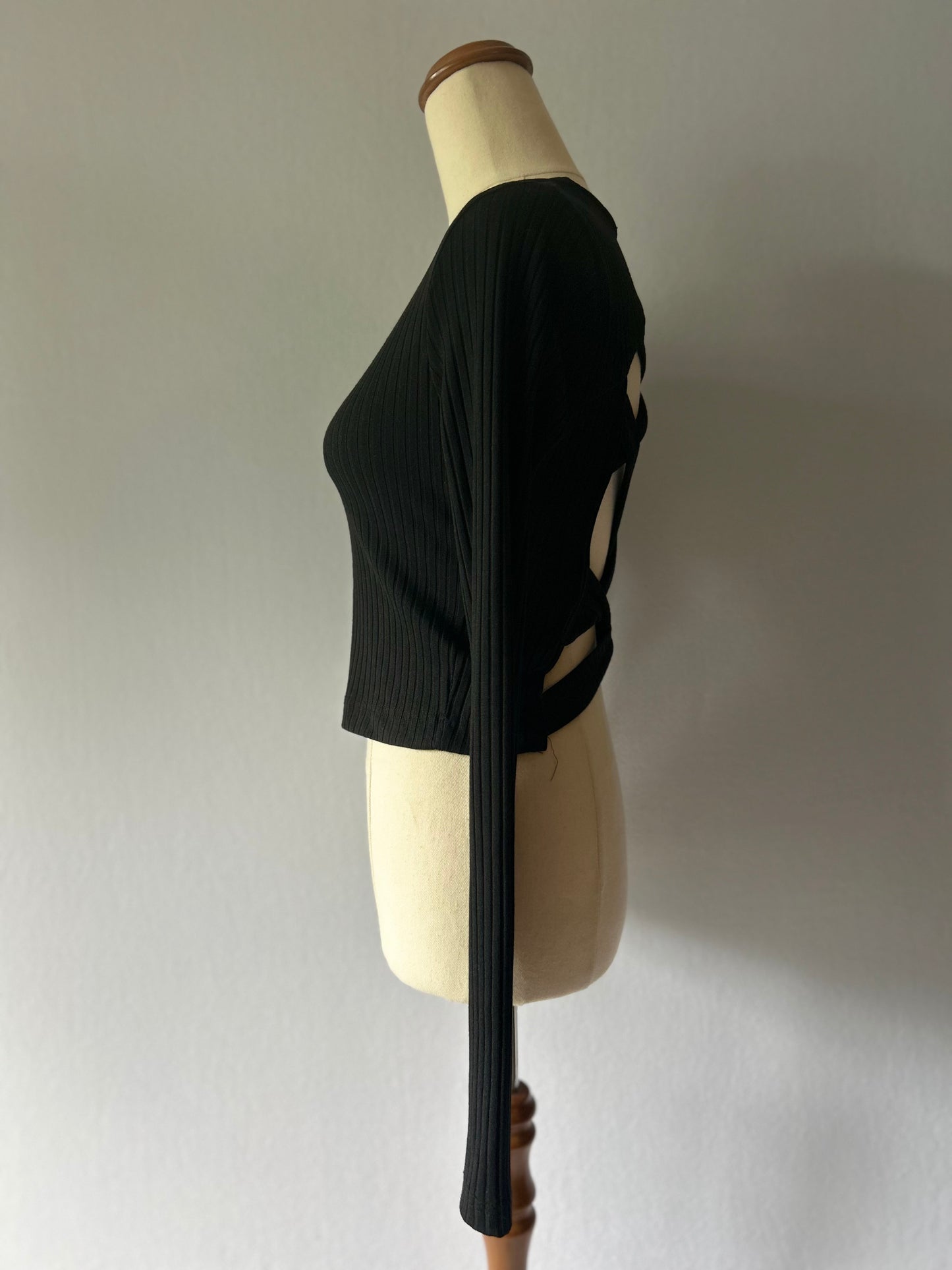 Black Ribbed Criss-Cross Open Back Top - Size M