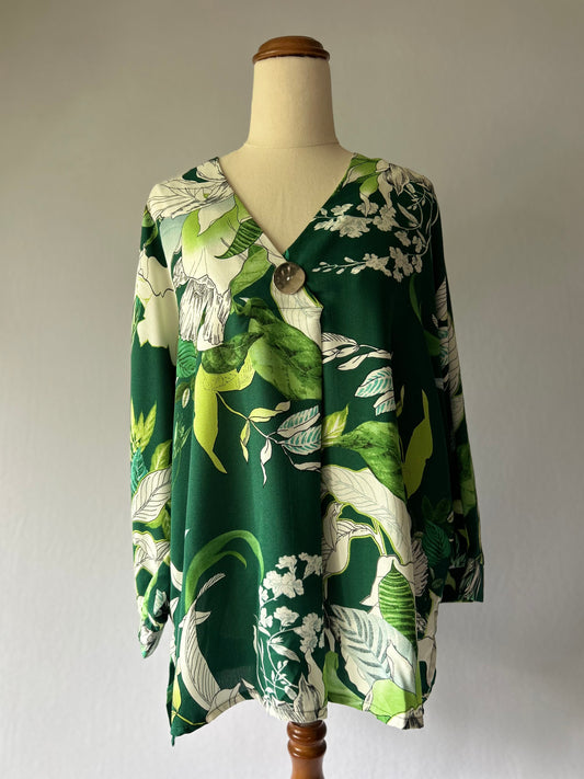 Lush Green Botanical Print Tunic Blouse - Oversize Fit