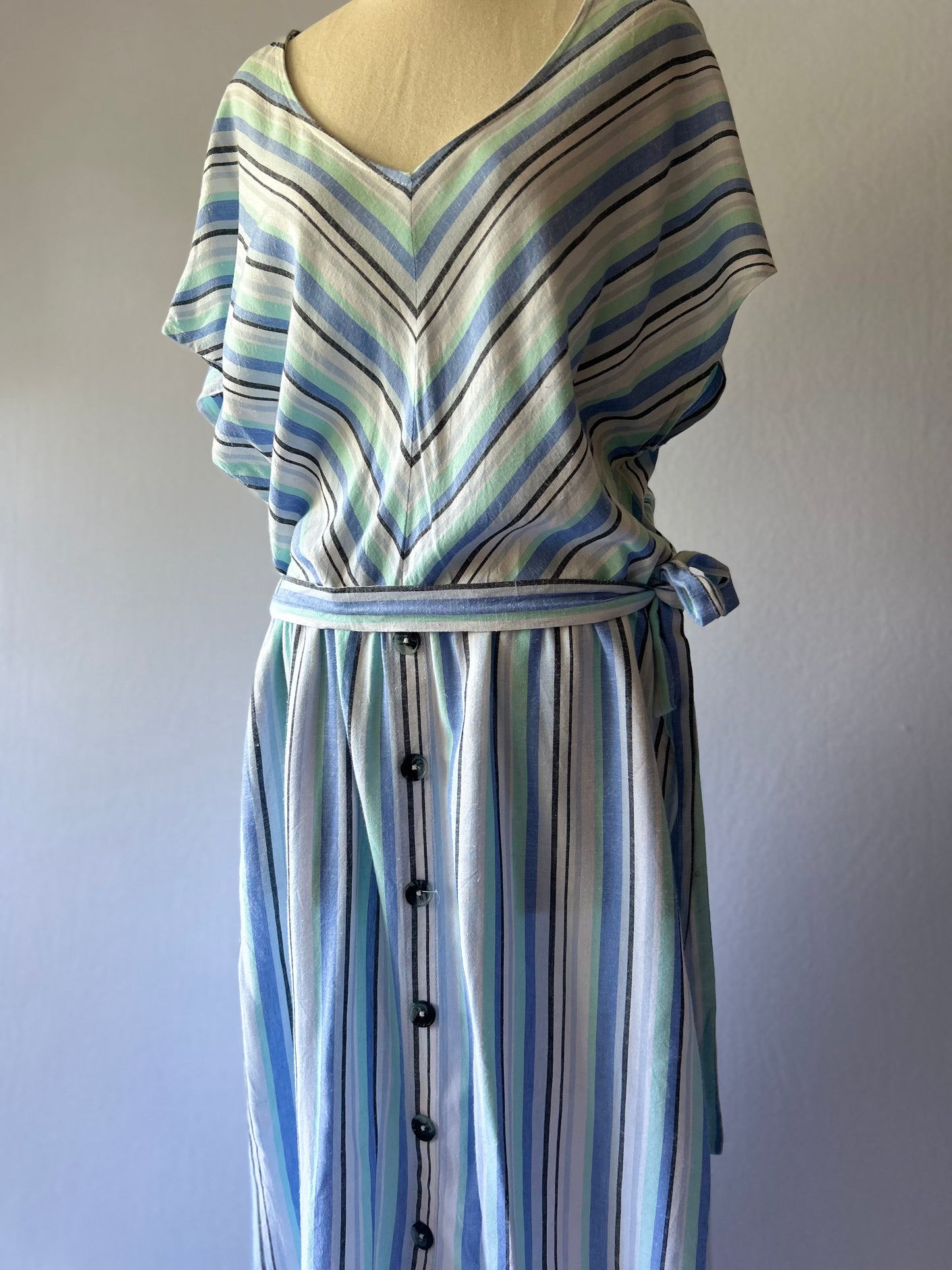 Size 16 | Linen Blend Striped Maxi Dress | Blue Green V-Neck Summer Dress