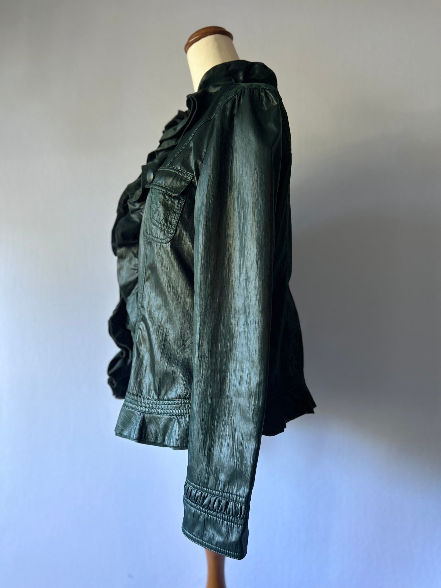 Deep Forest Green Ruffle-Front Faux Leather Jacket - Size 16