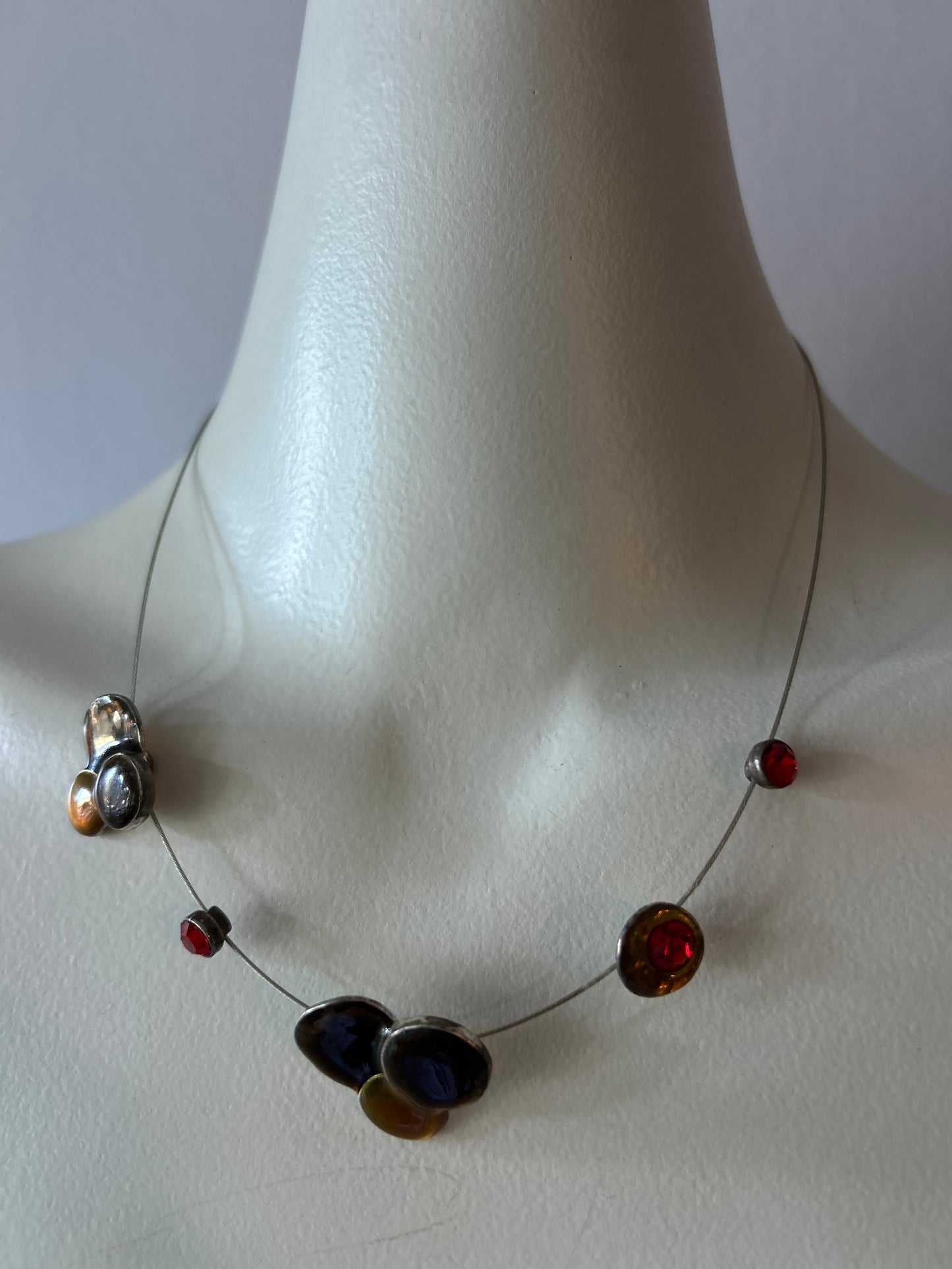 Vintage Modernist Floating Illusion Wire Scarf Necklace - Earth Tones & Ruby Red