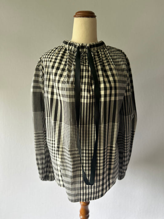 Tibi Gingham Mixed-Pattern Cotton Blouse – Size 2