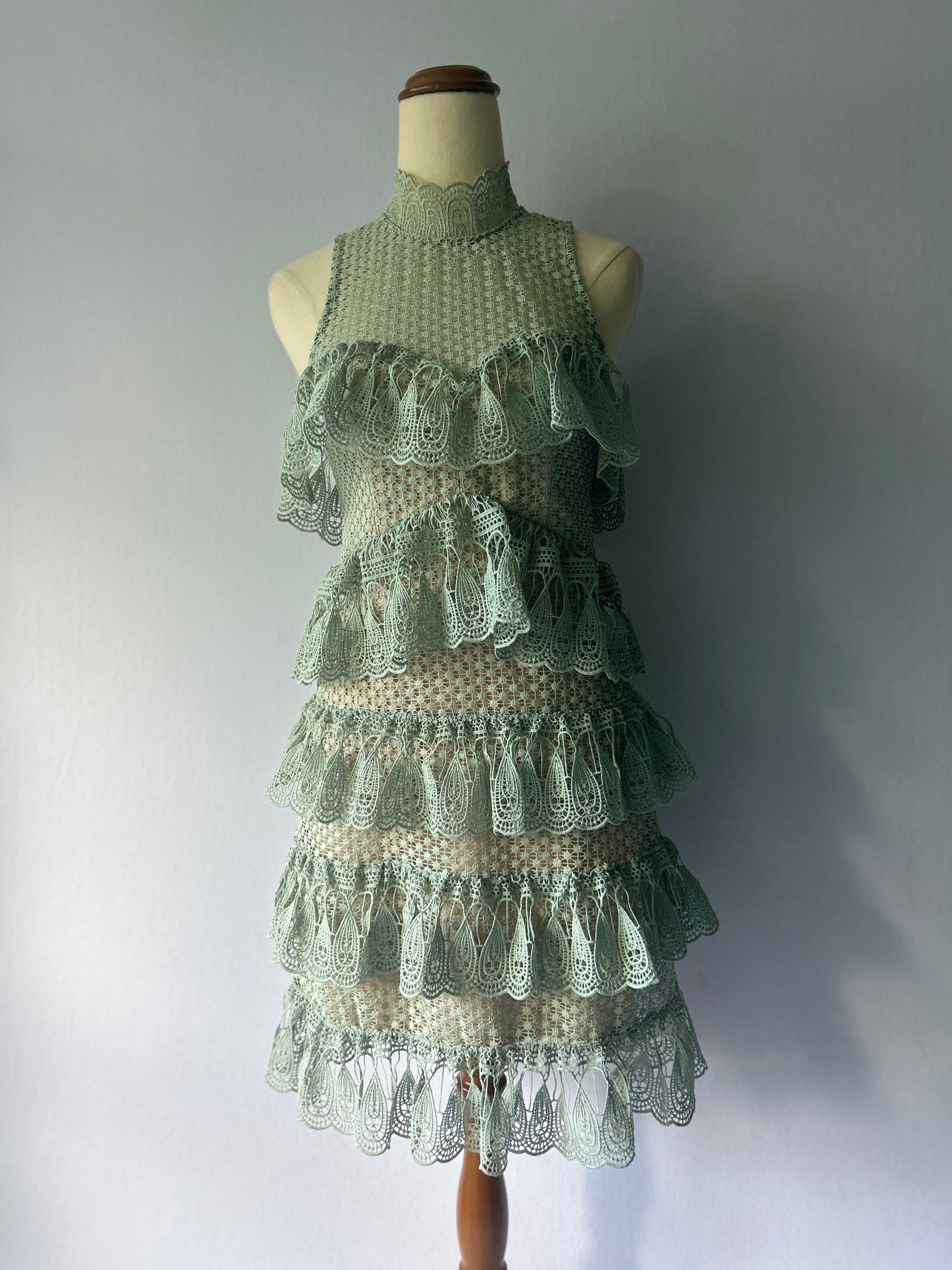 Seed Heritage Tiered Lace Mini Dress - Sage Green - Size 6