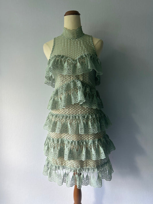 Seed Heritage Tiered Lace Mini Dress - Sage Green - Size 6
