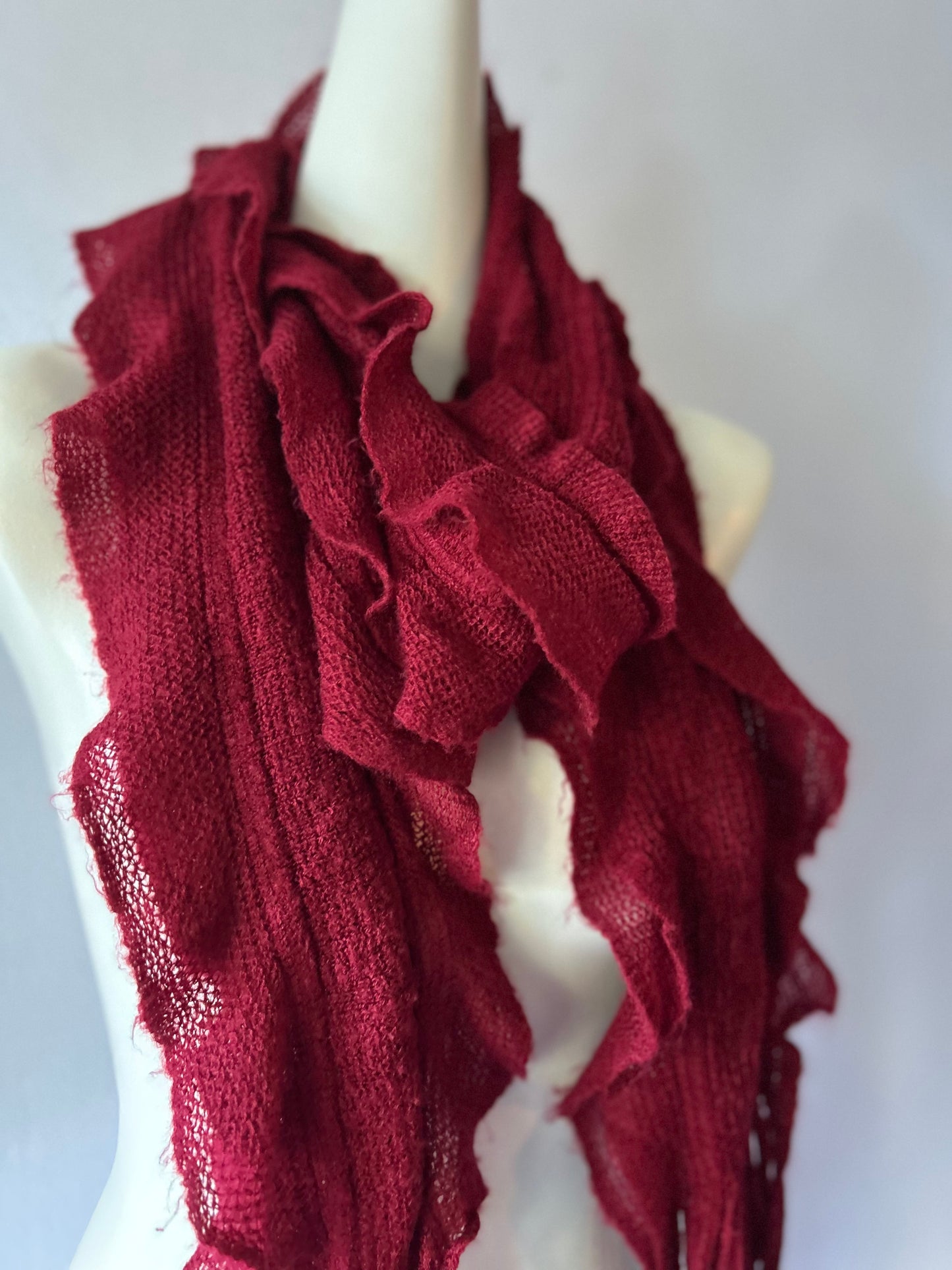 Romantic Lightweight Ruffled Edge Knit Scarf - Crimson Burgundy