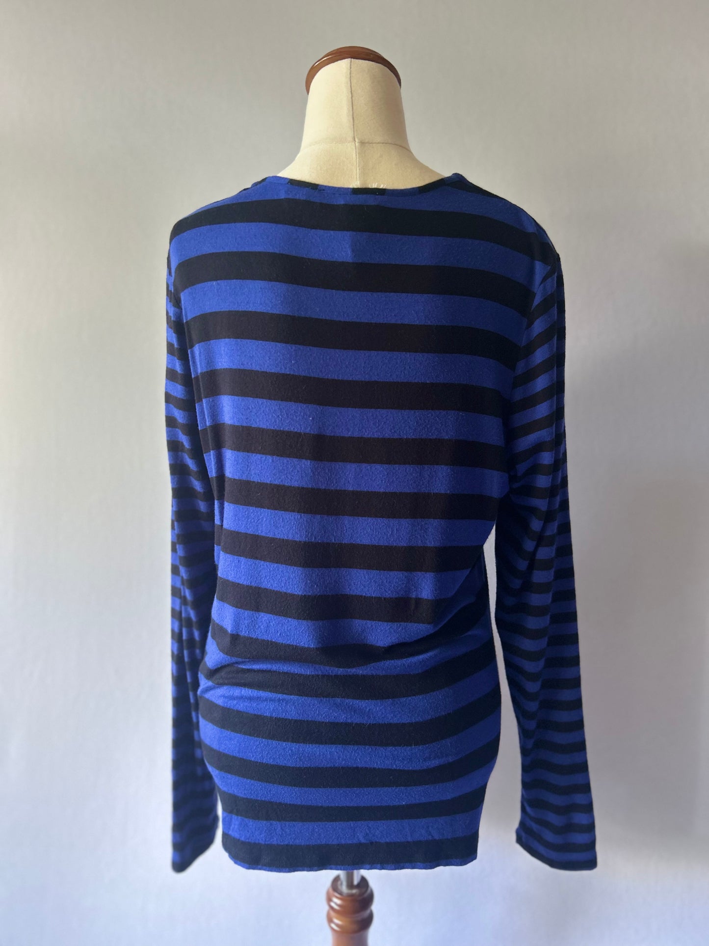 Striped Viscose Jersey Button-Up Long-Sleeve Top - Royal Blue & Black - Size Small
