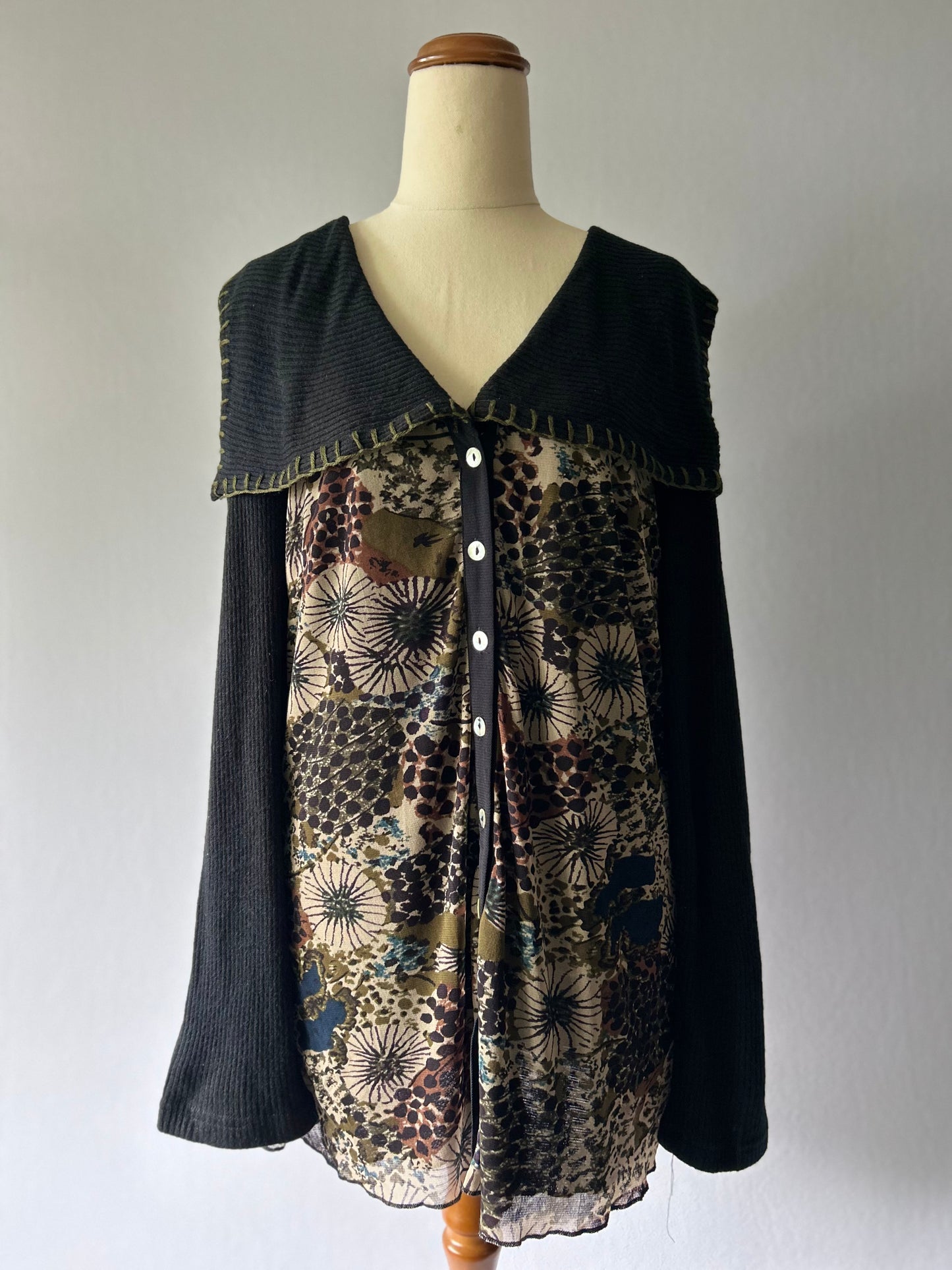 Merric Mixed-Media Patterned Cardigan with Embroidered Shawl Collar - Size 16