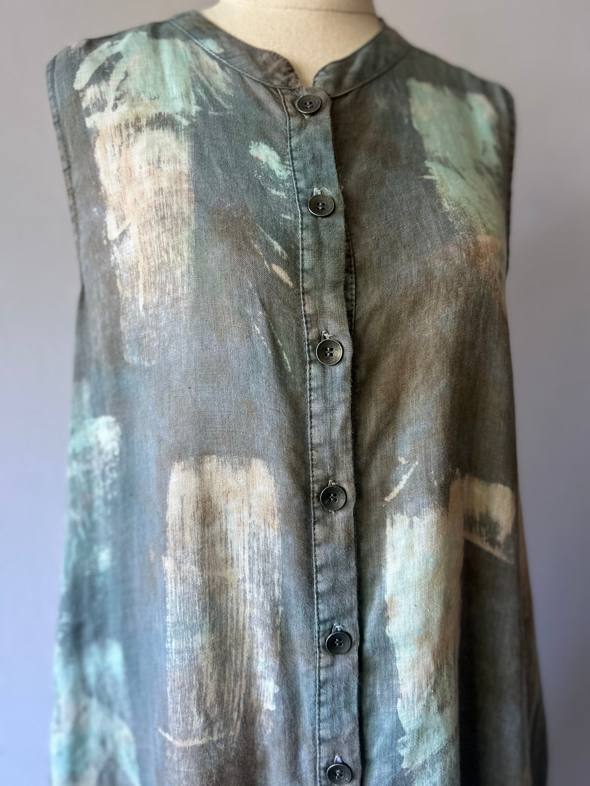 Abstract Brushstroke 100% Linen Sleeveless Shirt Dress - Size S (NZ 8)