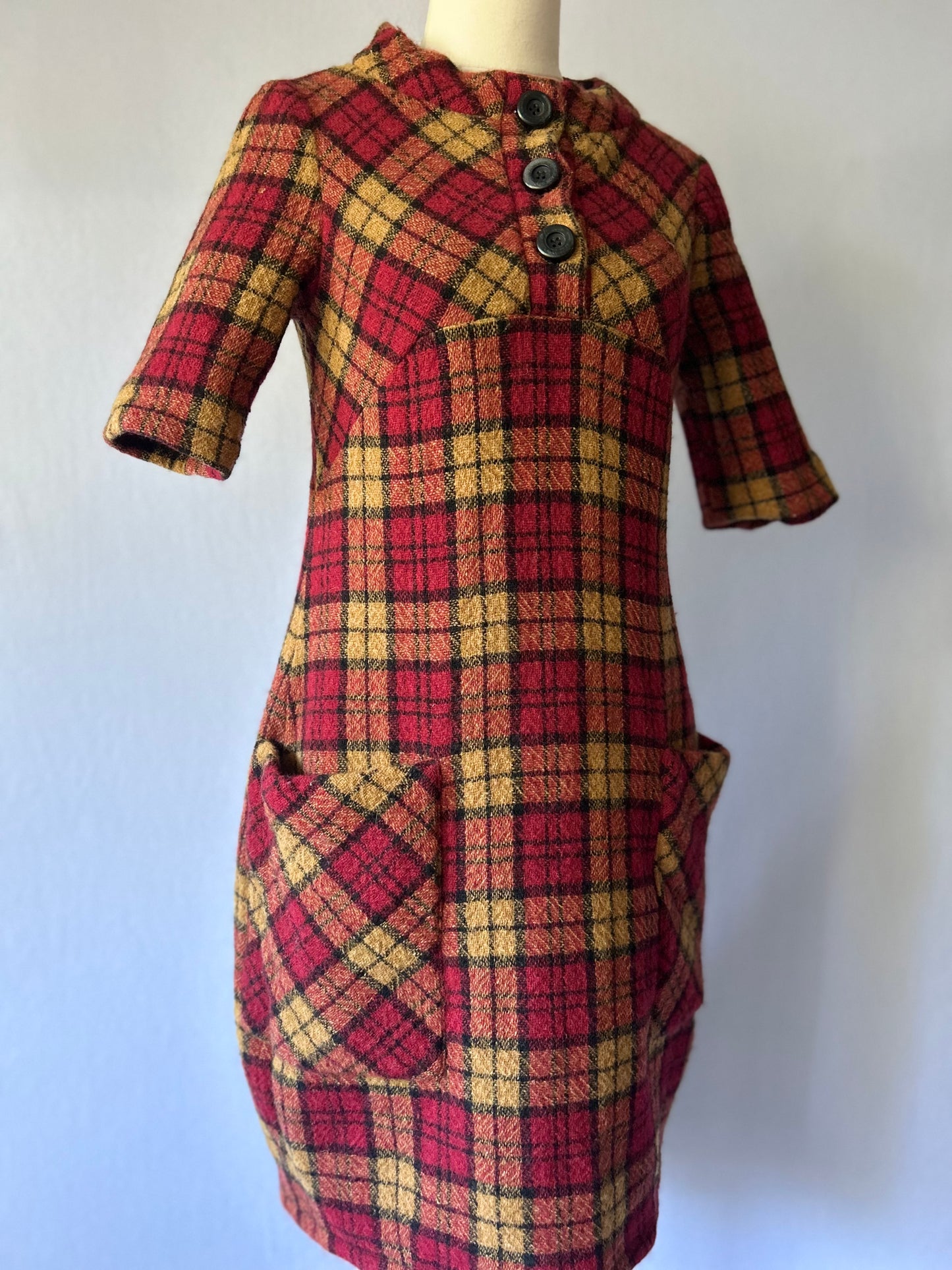 Cue Red Plaid Wool-Blend Mod Mini Dress - Size 8