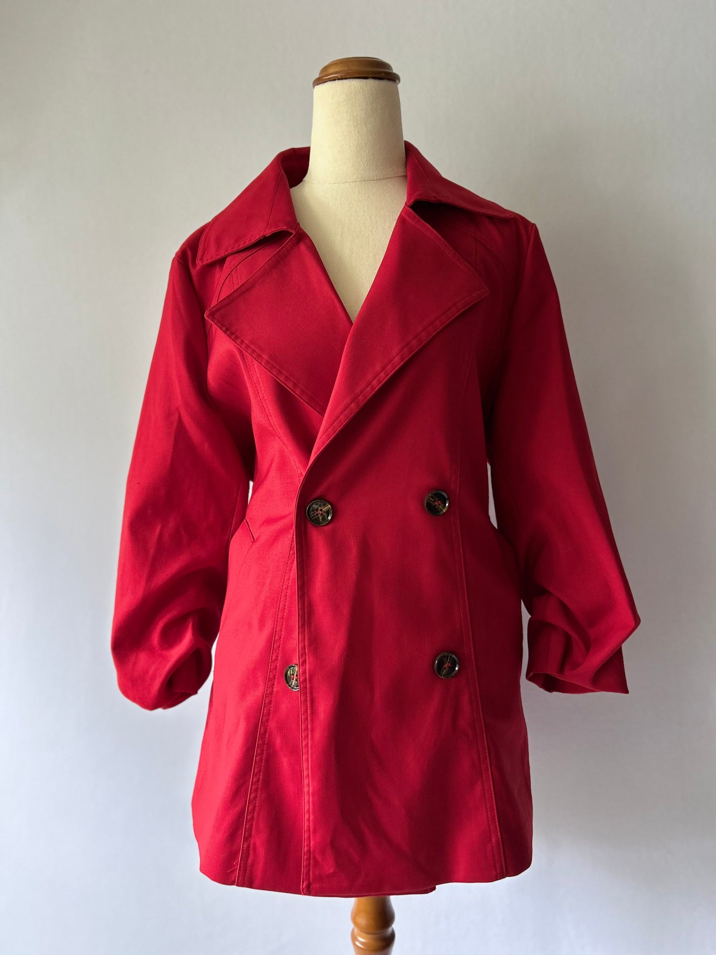 Crimson Red Double-Breasted Belted Trench Coat – Size XL