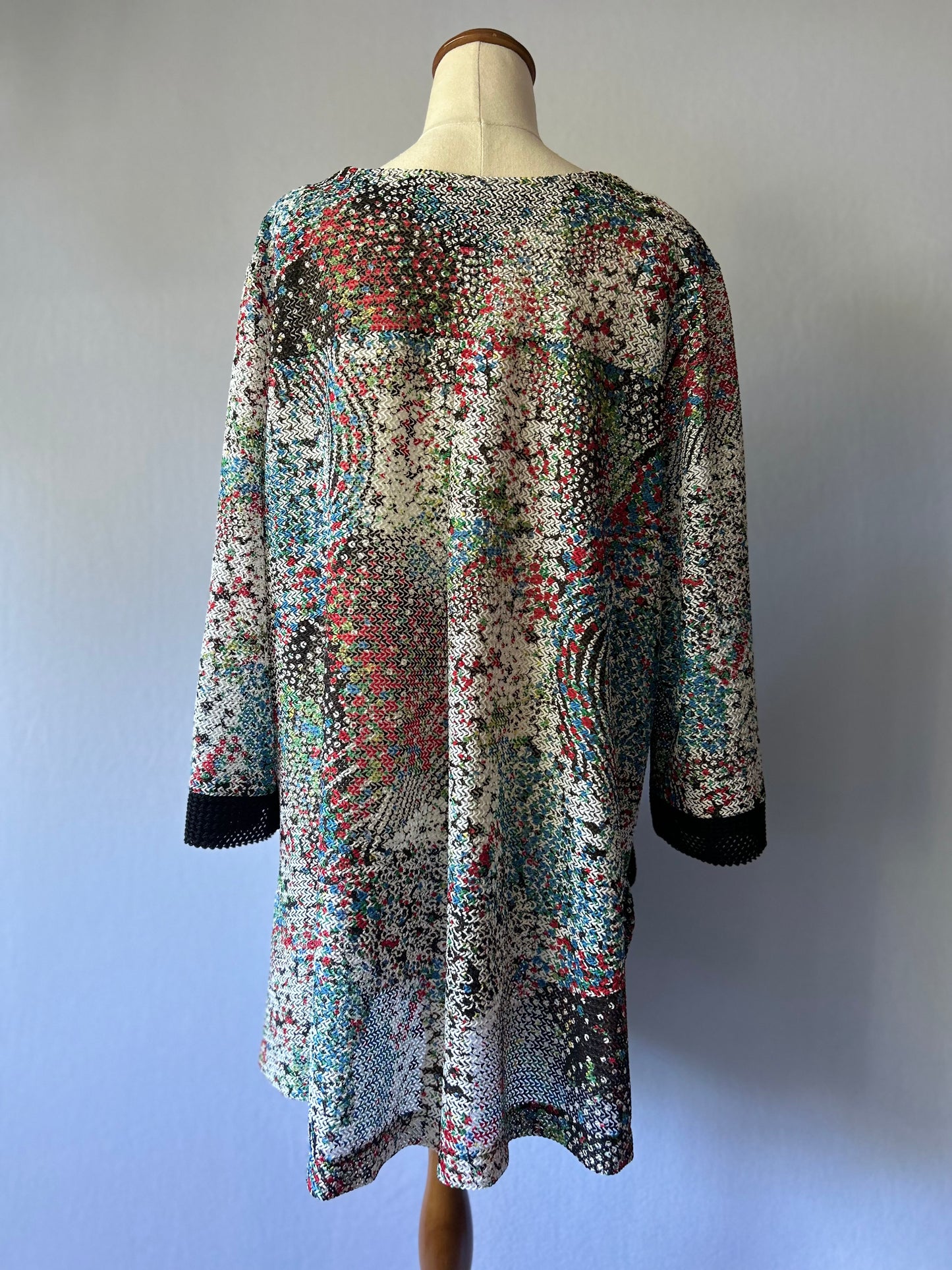 Joseph Ribkoff Abstract Multi-Color Knit Cardigan with Mesh Panels - Size 16