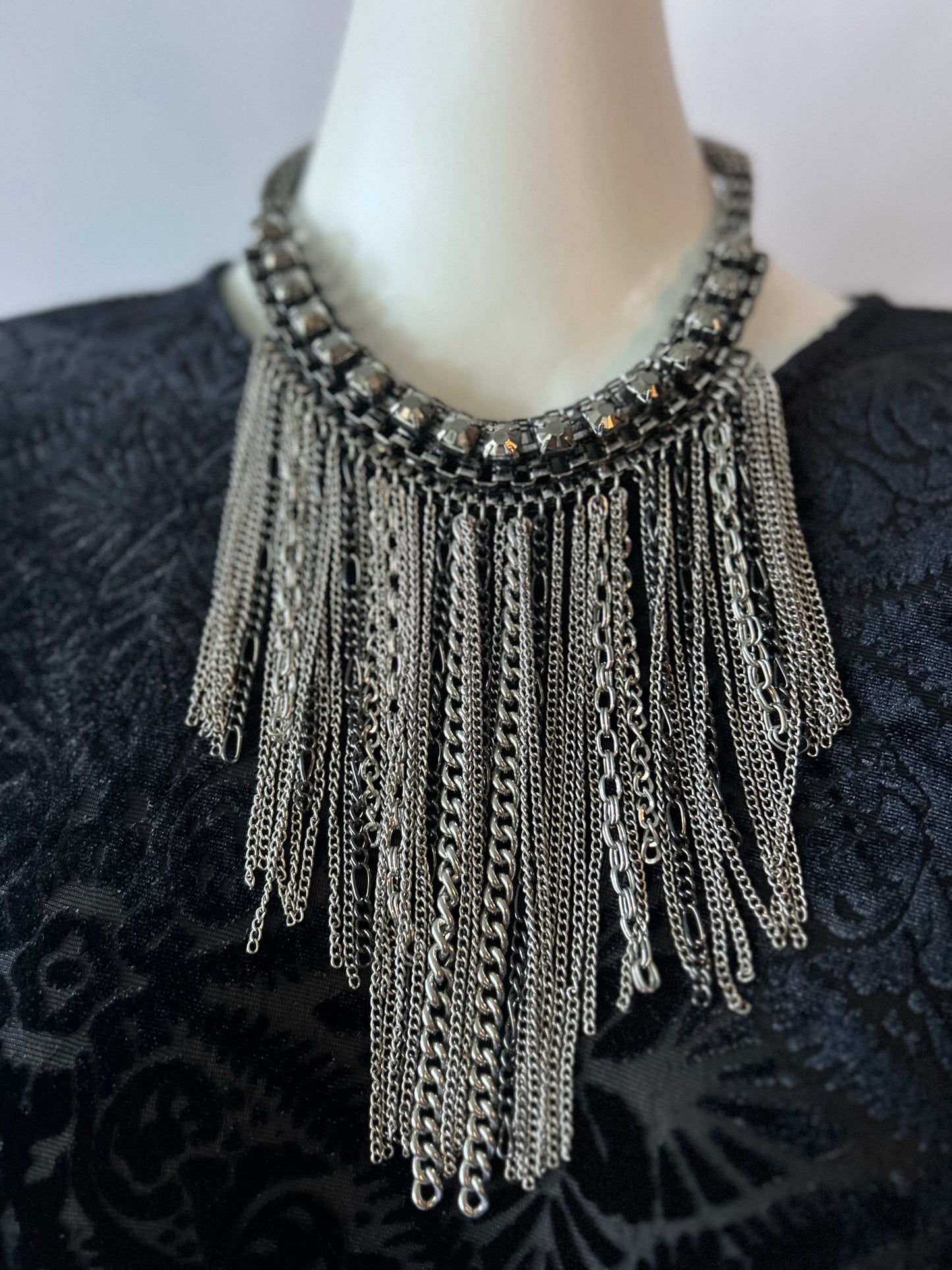 Vintage Gunmetal Rhinestone Collar & Cascading Chain Fringe Necklace