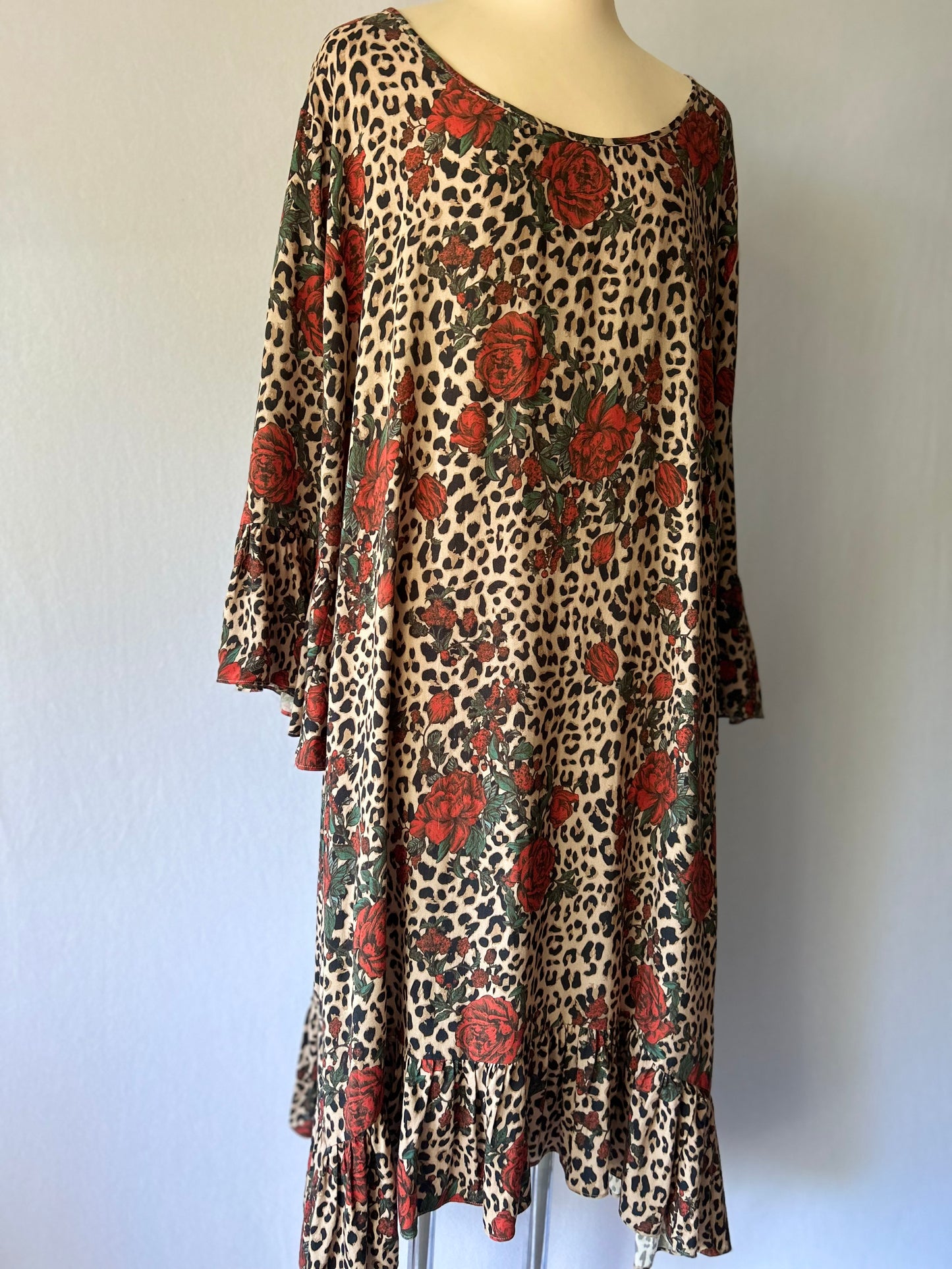 Leopard & Rose Print Tiered Smock Dress - Size 18