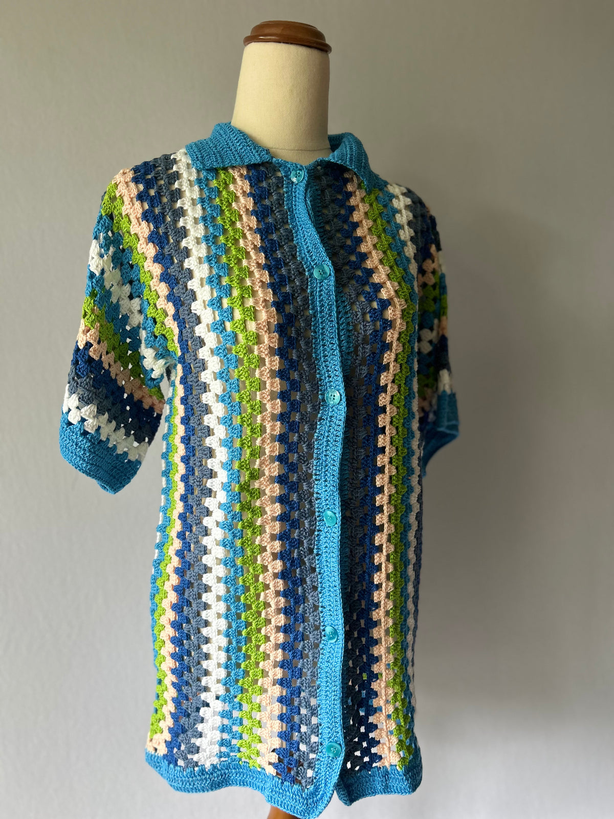 Handmade Coastal Stripe Cotton Crochet Cardigan — Size S/M