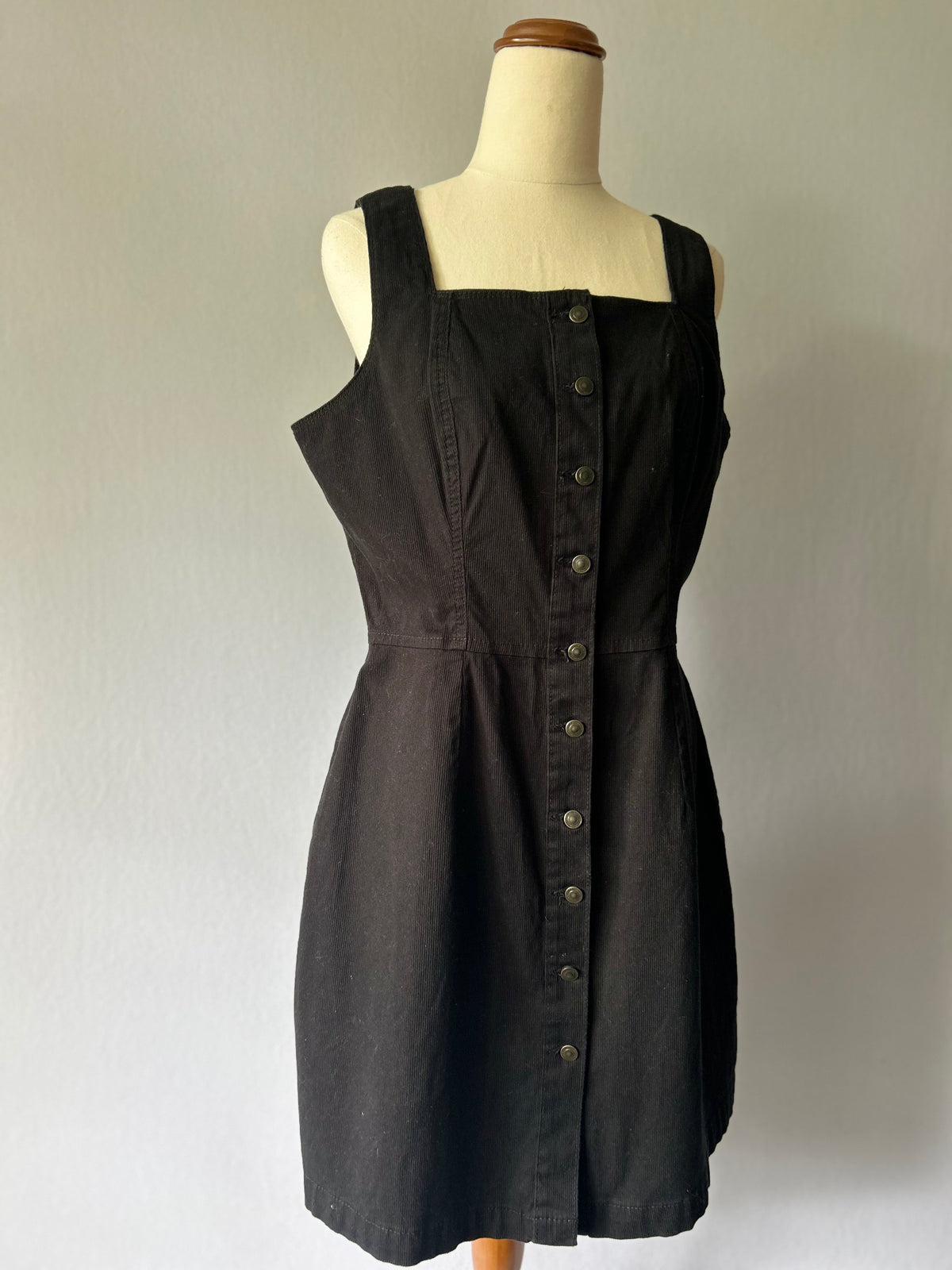 Black Cotton Stretch Button-Through Pinafore Dress - Size 12