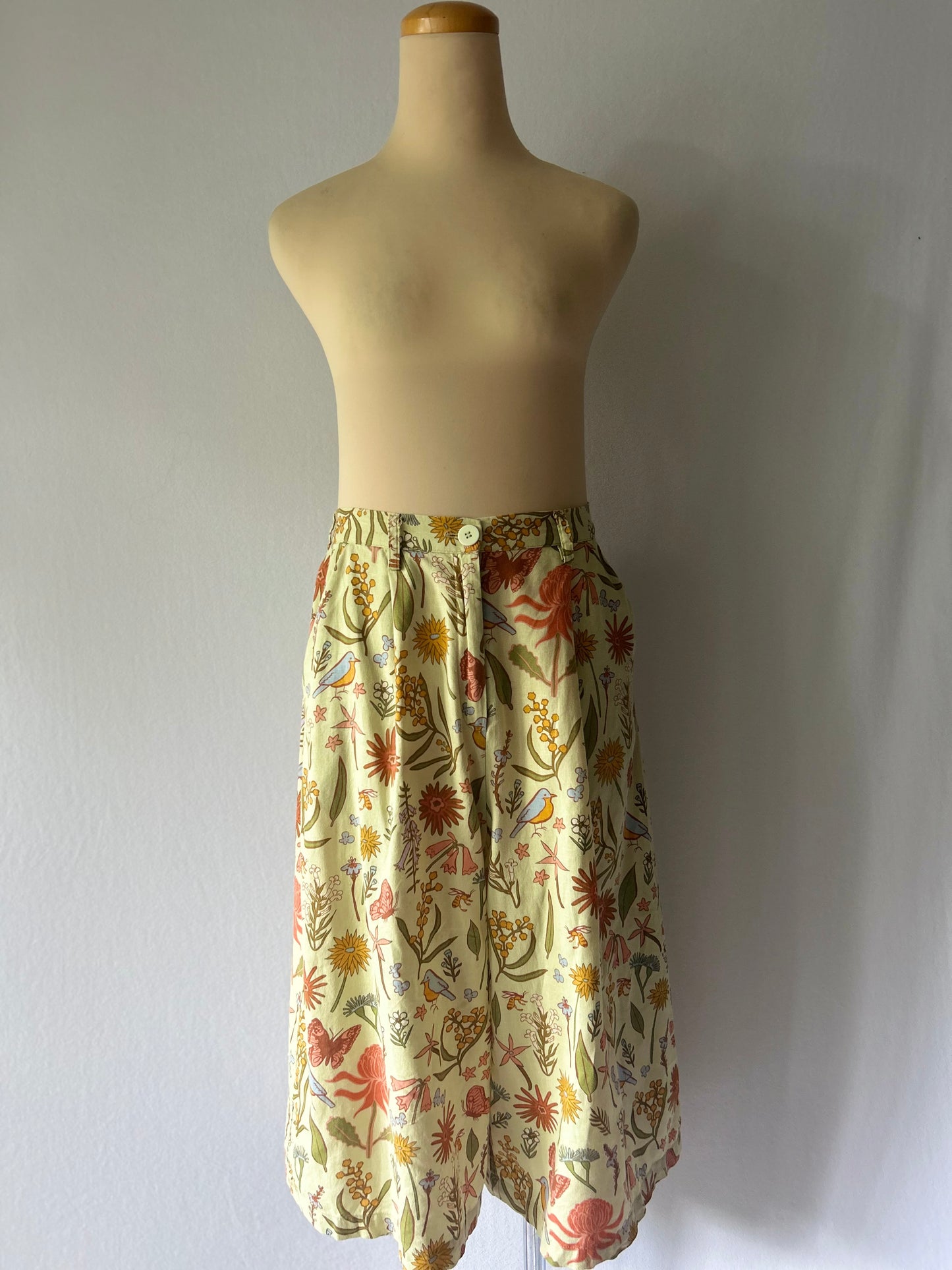 Princess Highway Floral & Bird Print Wide-Leg Linen Trousers - Size 10