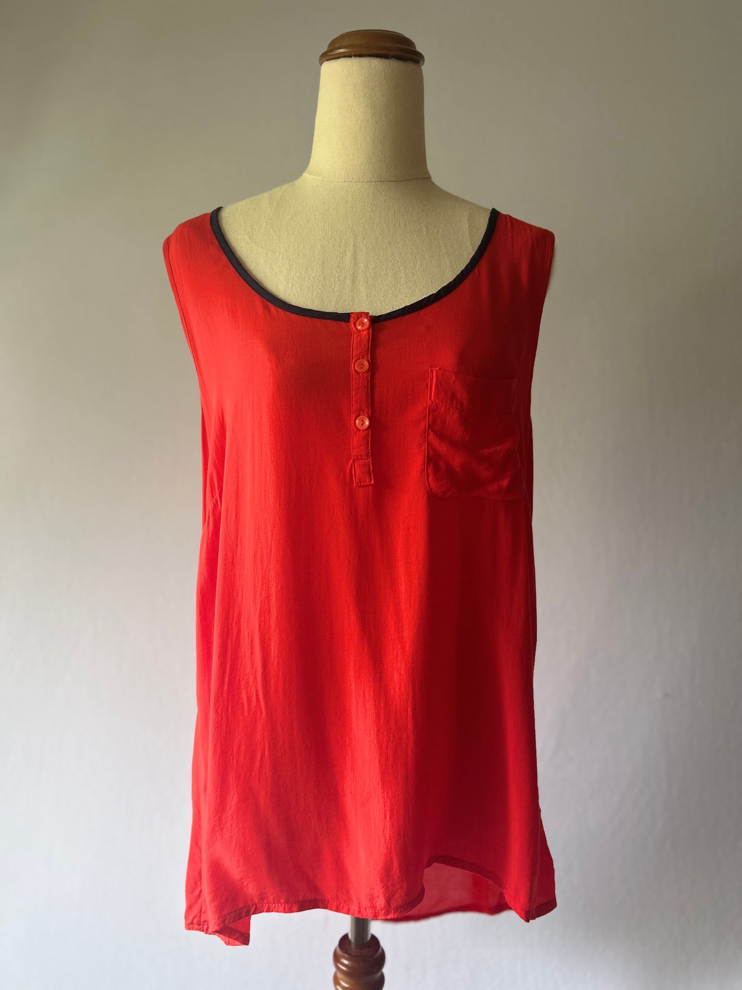 Sleeveless Viscose Henley Top - Bright Coral Red - Size 12