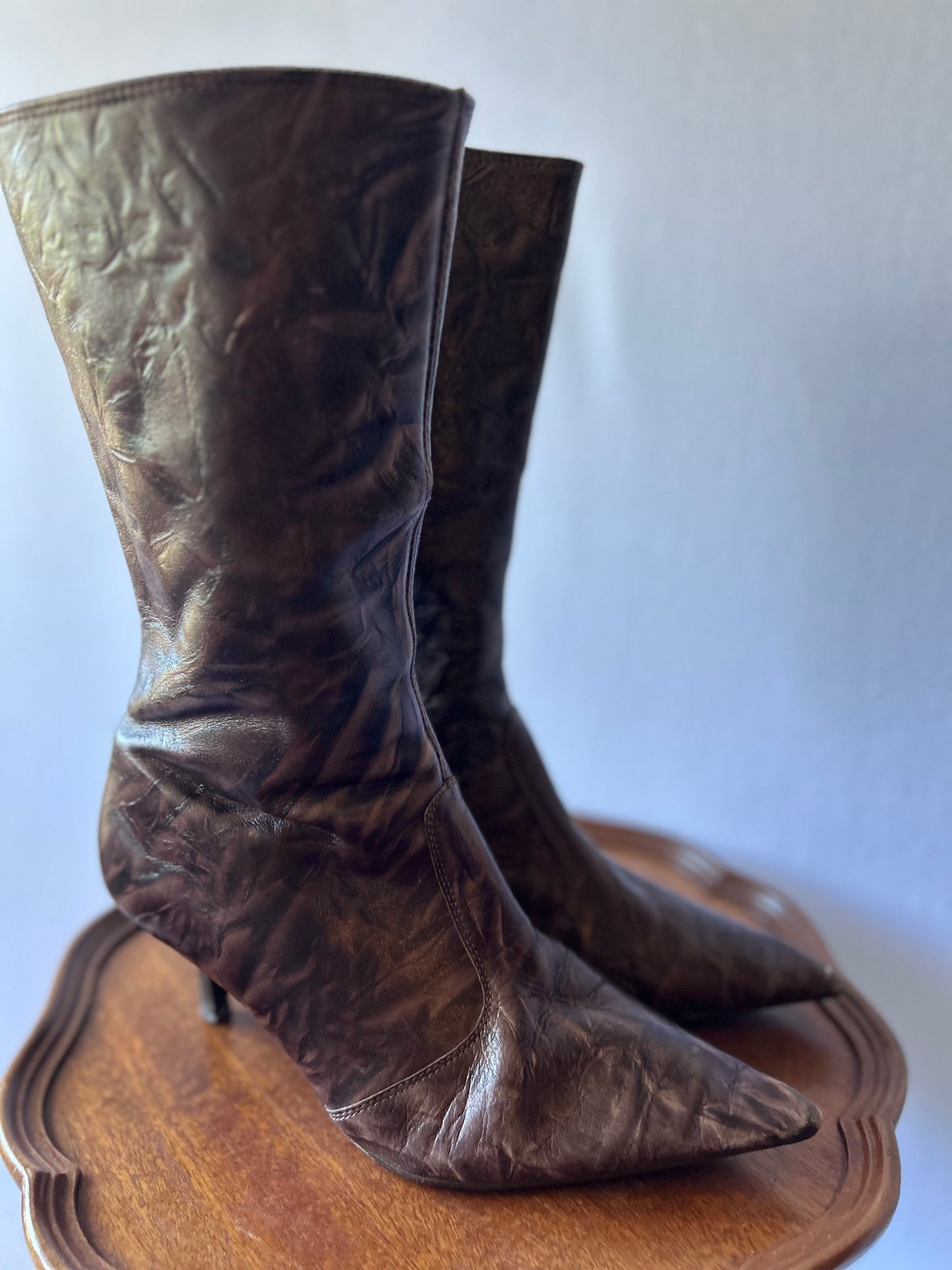 Chocolate Brown Crinkled Leather Pointed-Toe Boots - Size EUR 40