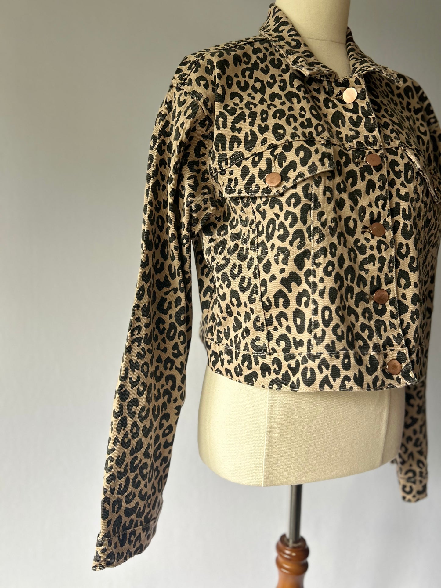 Cropped Leopard Print Denim Jacket - Size 10