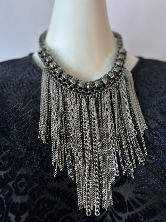 Vintage Gunmetal Rhinestone Collar & Cascading Chain Fringe Necklace