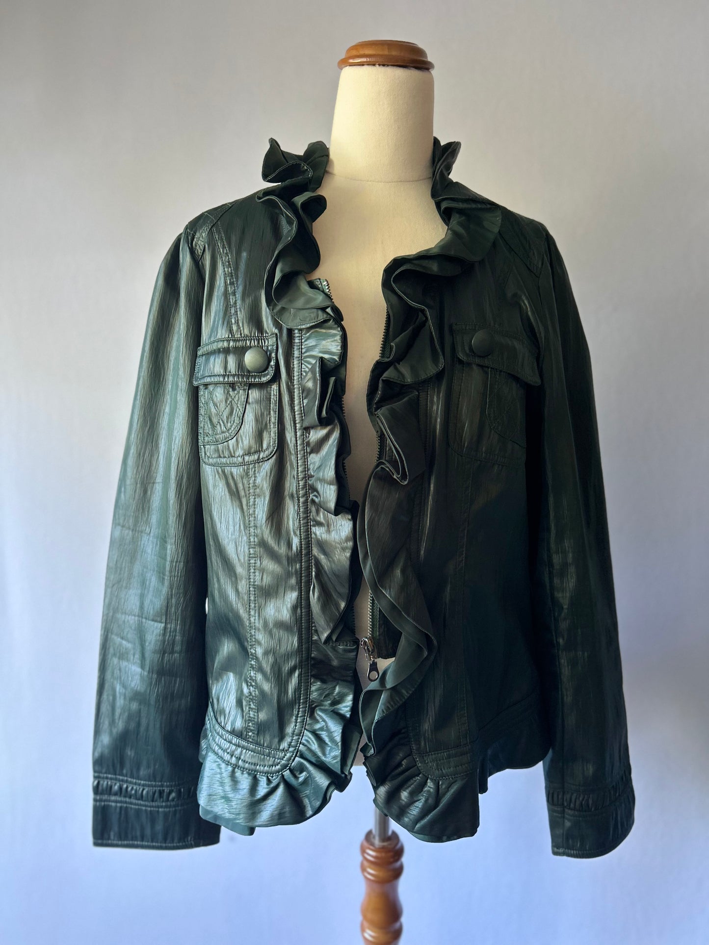 Deep Forest Green Ruffle-Front Faux Leather Jacket - Size 16