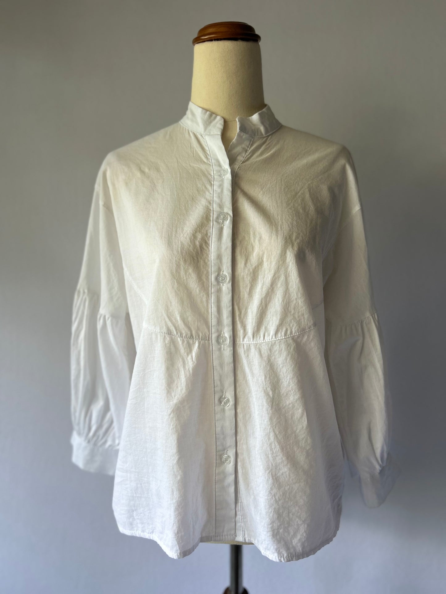 Cotton Mandarin Collar Puff Sleeve Blouse - White - Size M