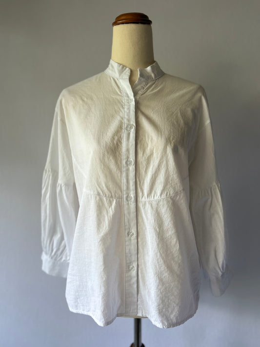 Cotton Mandarin Collar Puff Sleeve Blouse - White - Size M