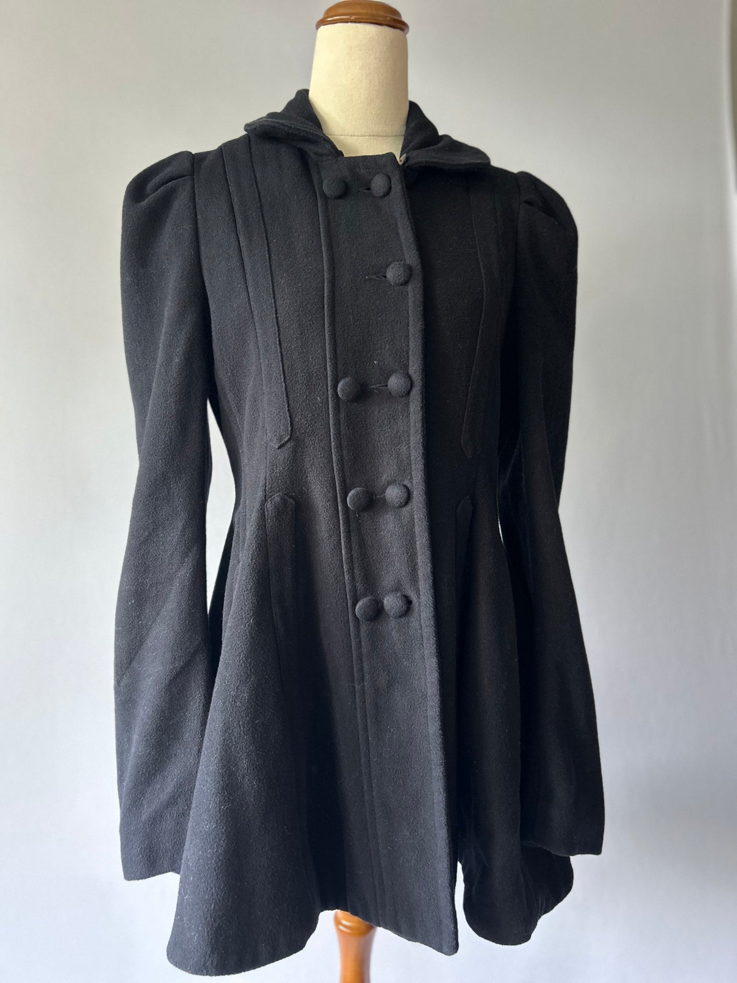 Vintage-Inspired Wool Blend Fit-and-Flare Coat - Black - Size 10