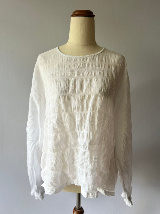 Max White Shirred Textured Cotton Long Sleeve Blouse - Size 14
