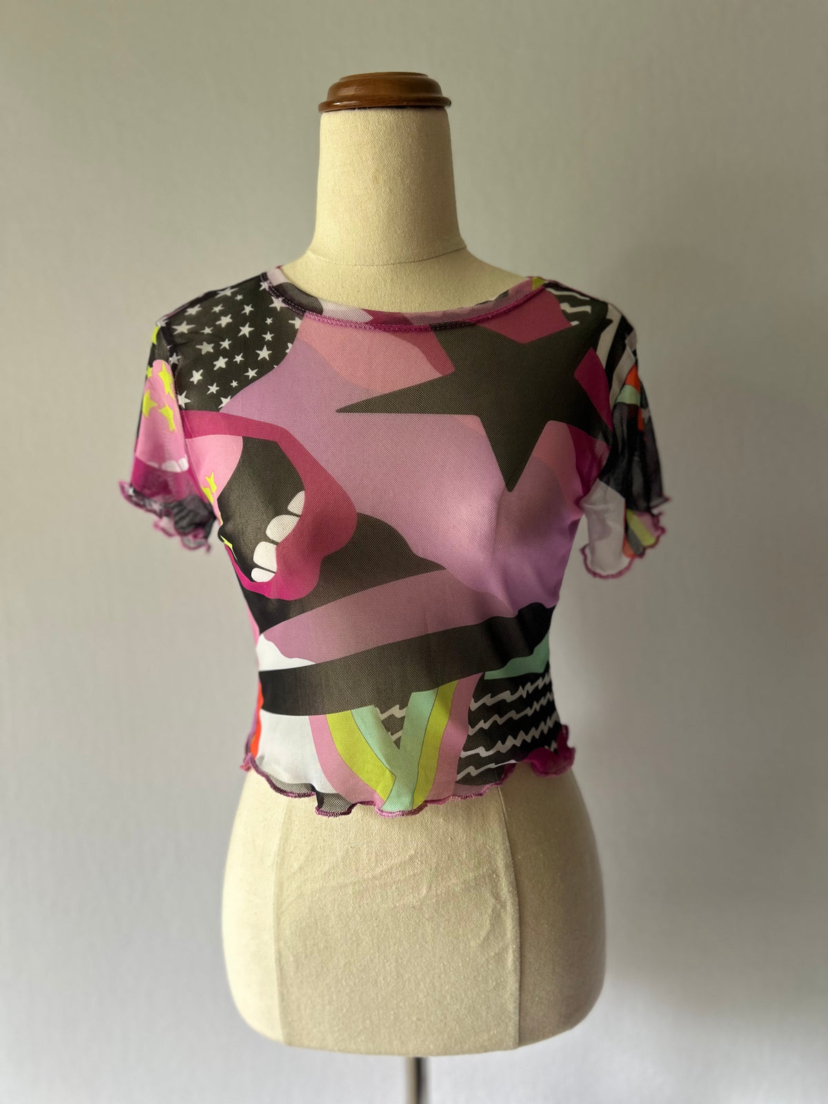 Graphic Print Mesh Crop Top – Size XS