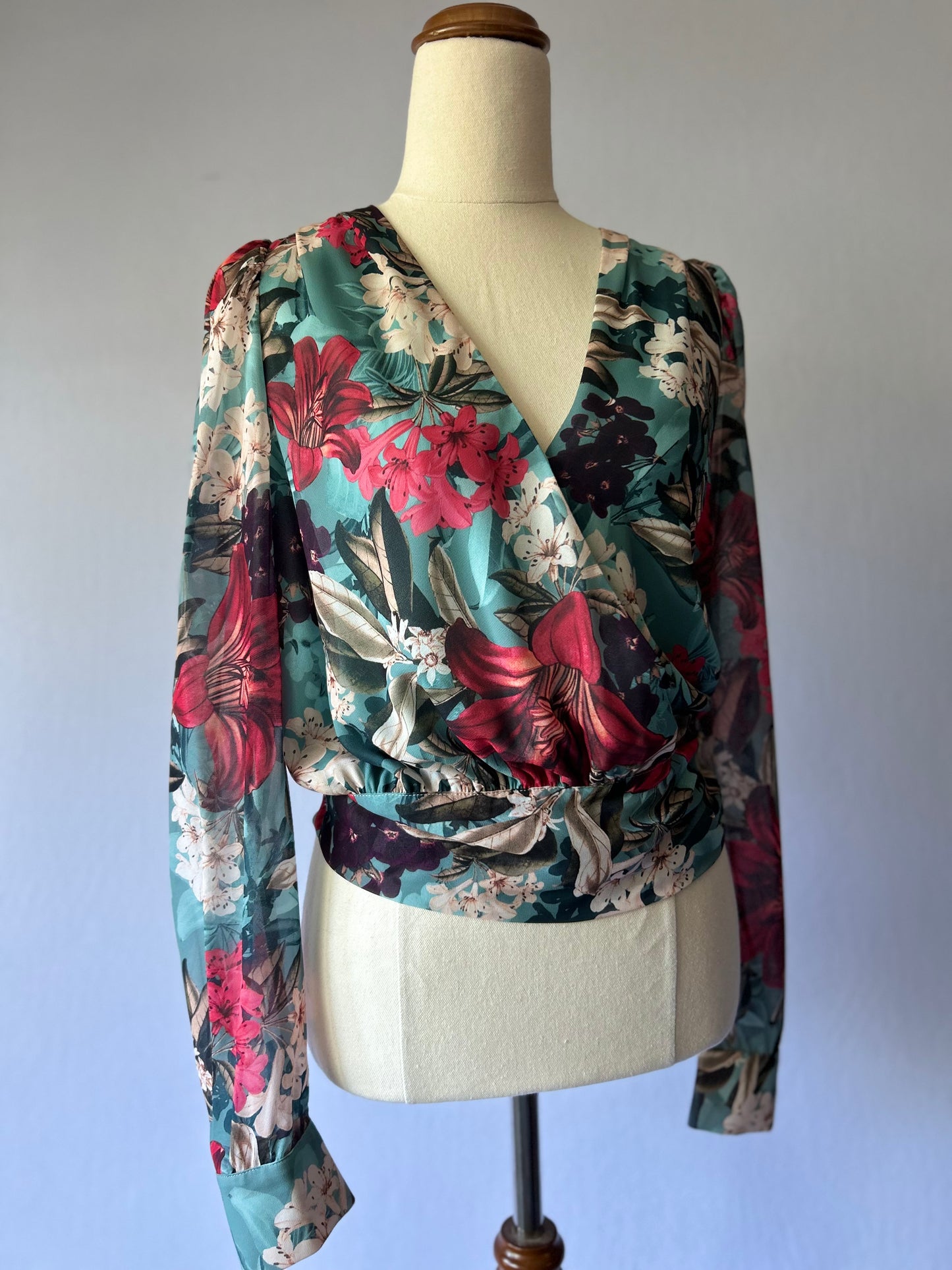 Blue Floral Wrap Blouse – Size 6