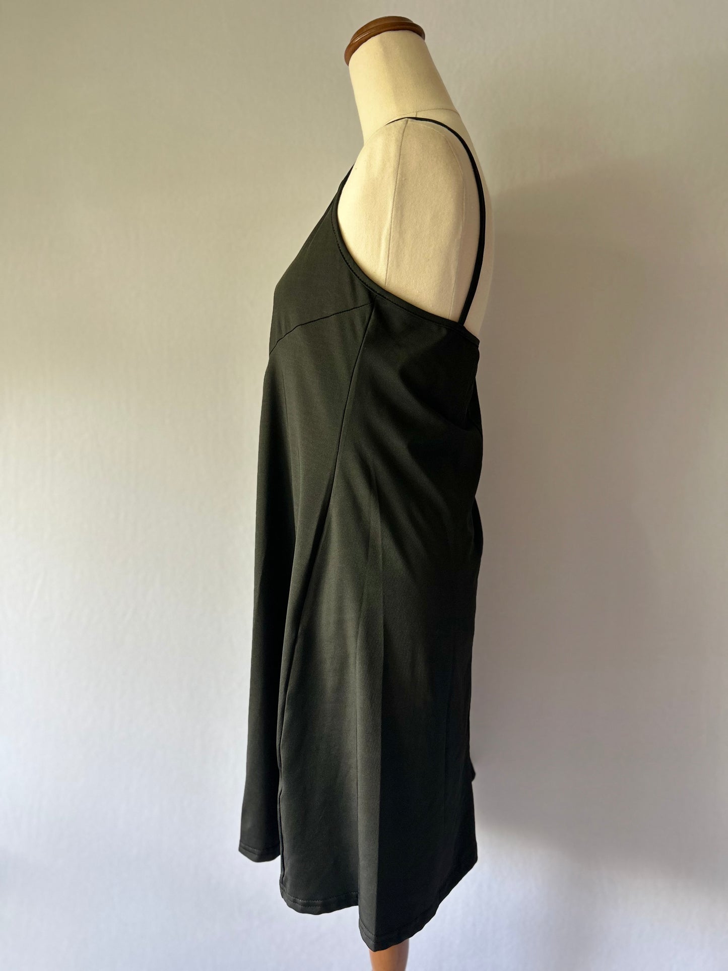 Black Mini Slip Dress - V-Neck with Wooden Buttons, size M