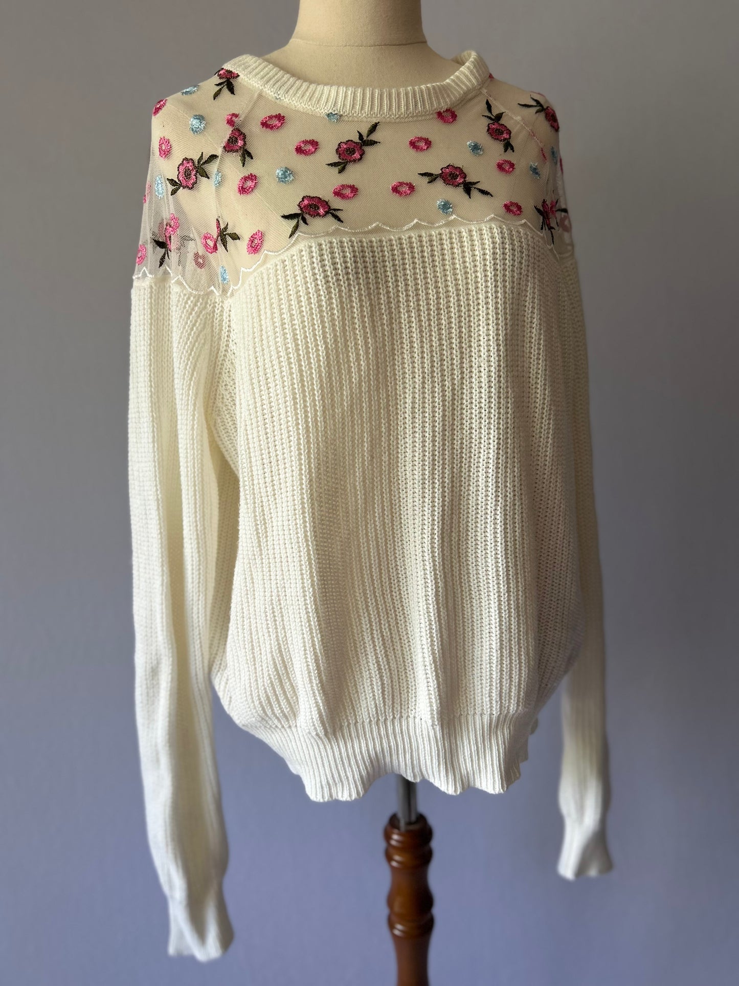 Floral Embroidered Mesh Yoke Knit Sweater - Size L (Acrylic)