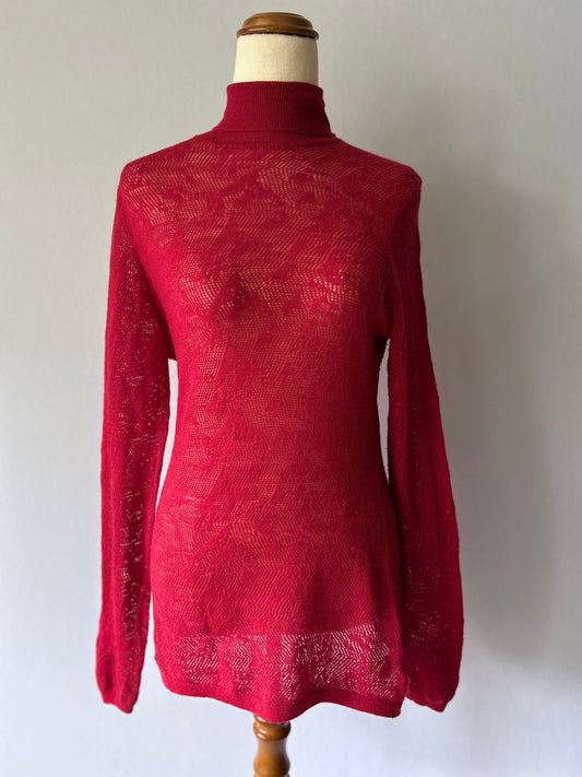 Luxe Cerise Red 100% Merino Wool Turtleneck – Size L